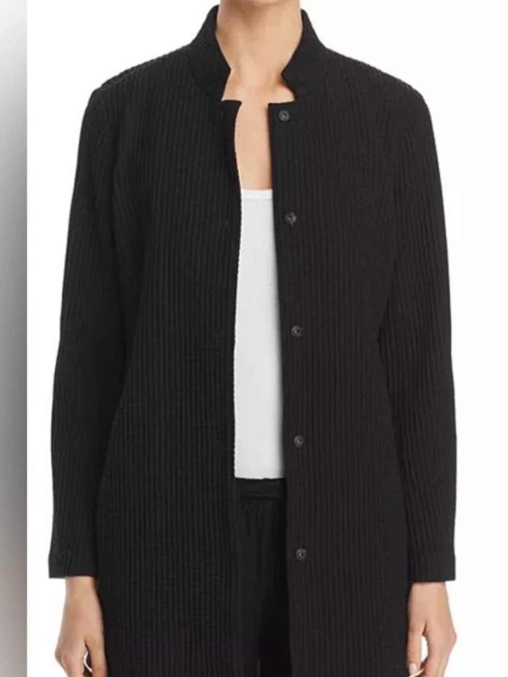 Eileen Fisher Black Waffle Ribbed Button-Front Cardigan pockets size xl